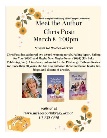 Meet the author Chris Posti.  Chris Posti has authored two award-winning novels, Falling Apart, Falling for You (2020) and Maybe Now, Maybe Never (2024) (Elk Lake Publishing, Inc.). A freelance columnist for the Pittsburgh Tribune-Review for more than 20 years, she has also authored three nonfiction books, two blogs, and dozens of articles.      